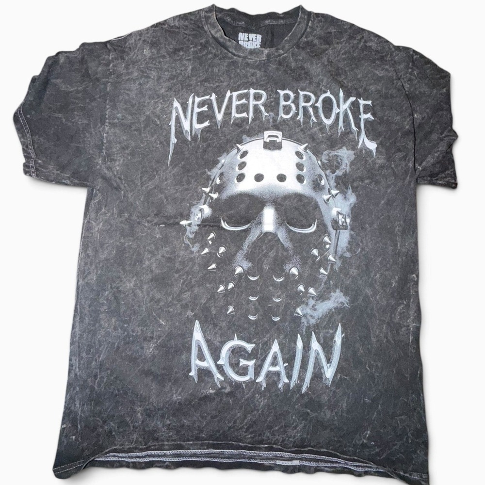 Never Broke Again Mens Acid Wash Spiked Mask Graphic Tee Shirt Black Large